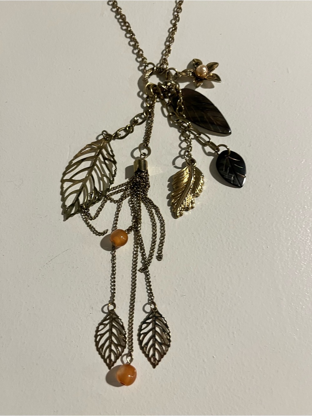Long Gold Leaf Multi-Charms Pendant Necklace - Women Jewelry